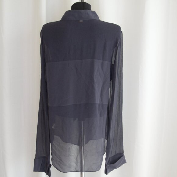 Alexander Wang 100% Silk Dark Blue Semi-Sheer Button Up Shirt Blouse Sz L - Picture 2 of 6